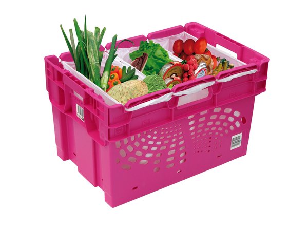 Pink, plastic tote for home shopping delivery