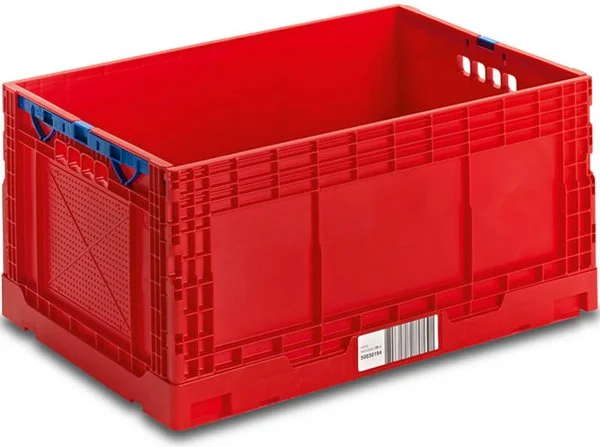 Red, collapsible plastic container for space saving