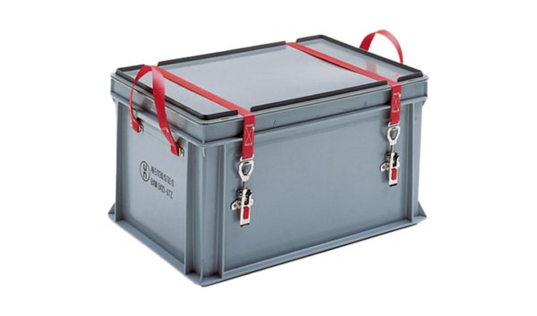 Hazardous goods container with straps and locks