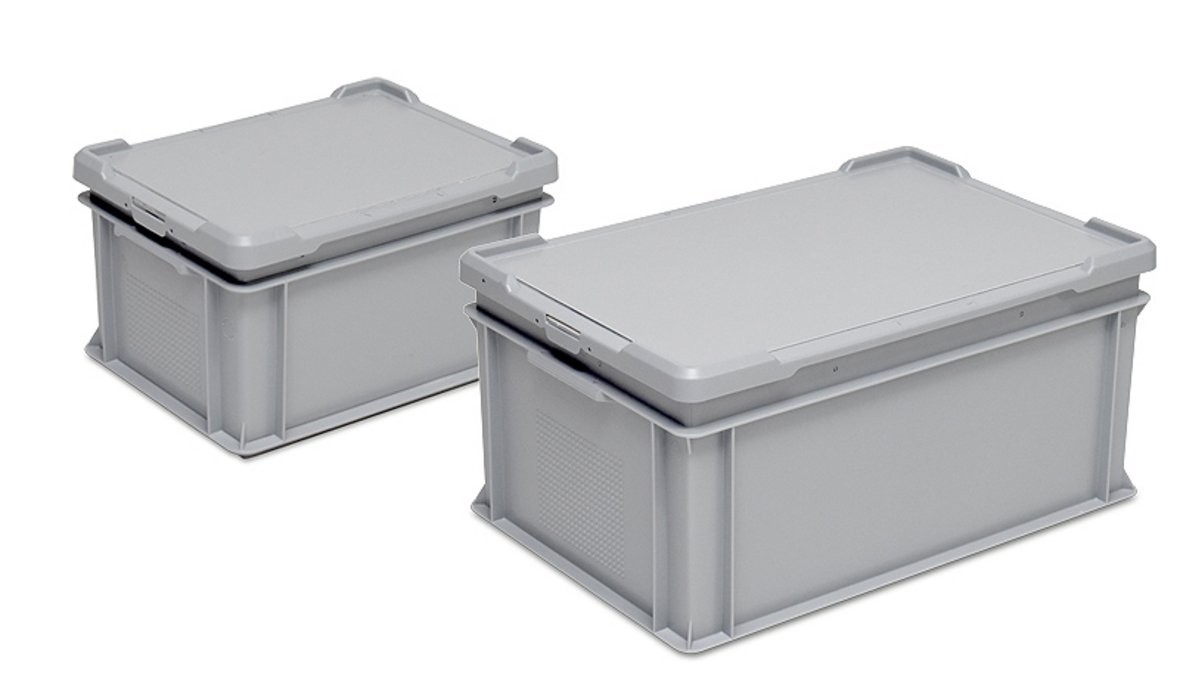 Two grey, insulated boxes with lids